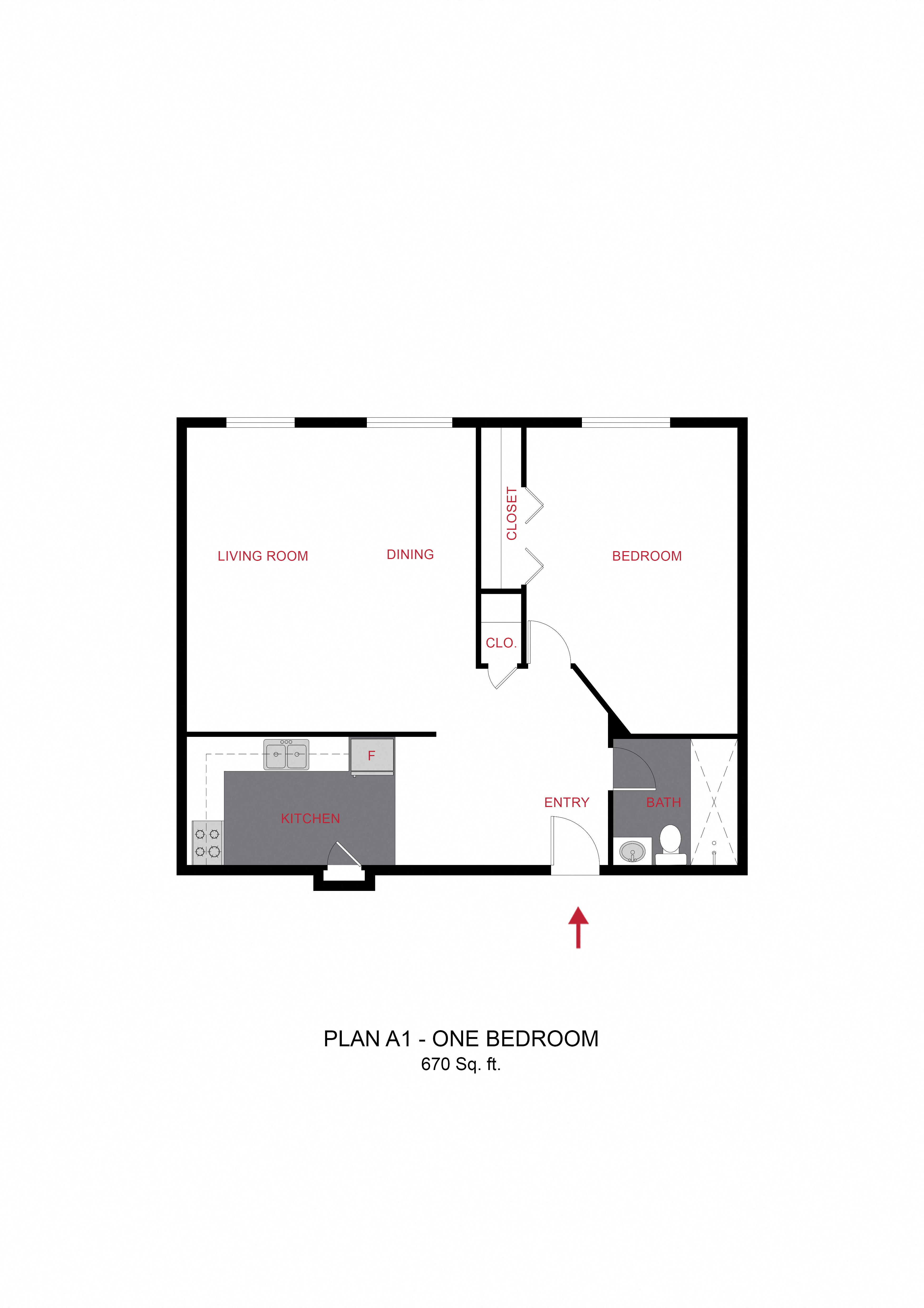 Floor plan for 1 bed, 1 bath, 670 sqft